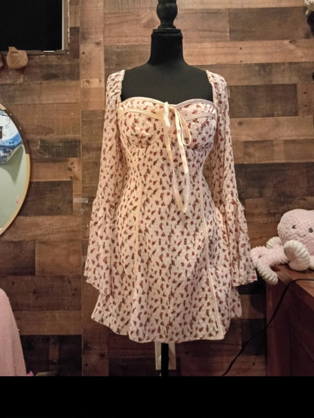 Fashion Nova Cream Floral Tie-Front Mini Dress
